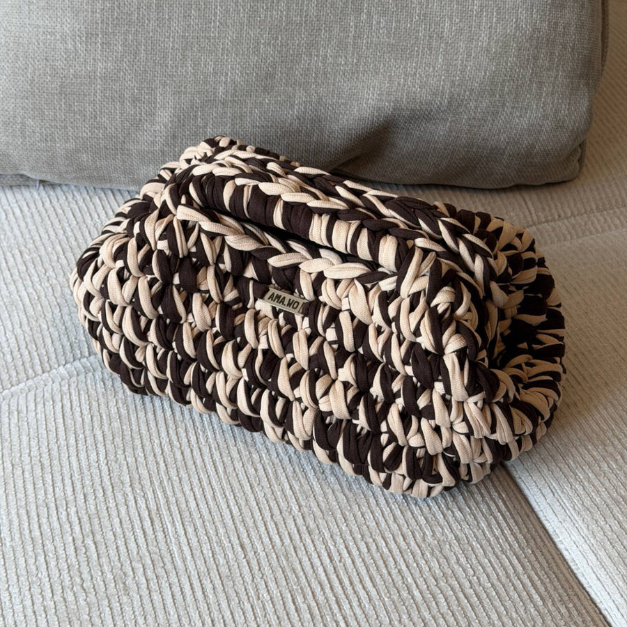 Sac Kumo crocheté main, chocolat et beige