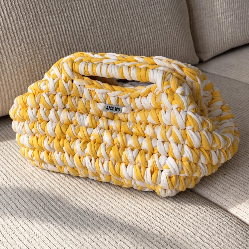 Sac Kumo crocheté main, jaune et blanc